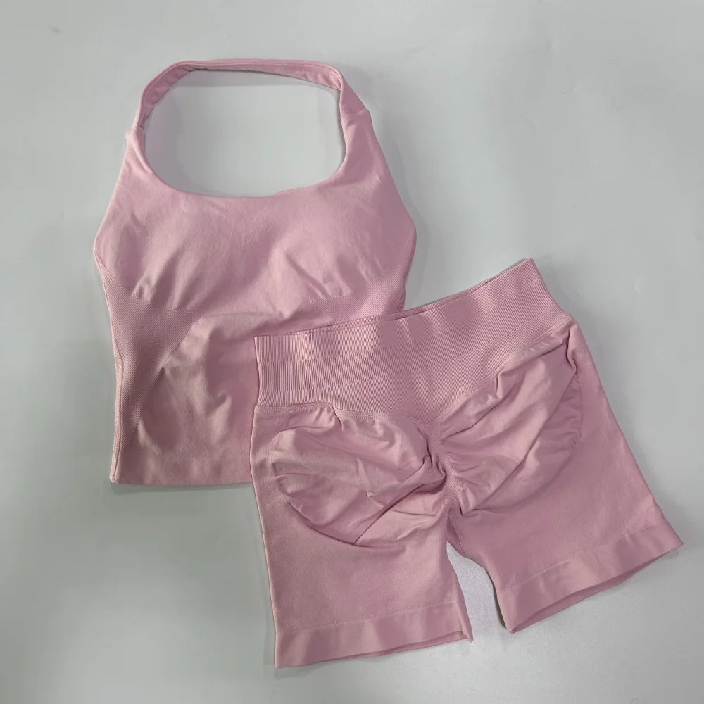 2pcs Women's Gym Set Backless Tank Top High Waist Scrunch Shorts Seamless Fitness Activewear Workout Suit
