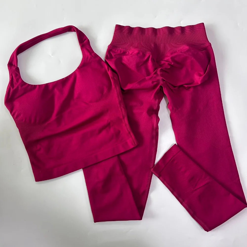 2pcs Women's Gym Set Backless Tank Top High Waist Scrunch Shorts Seamless Fitness Activewear Workout Suit