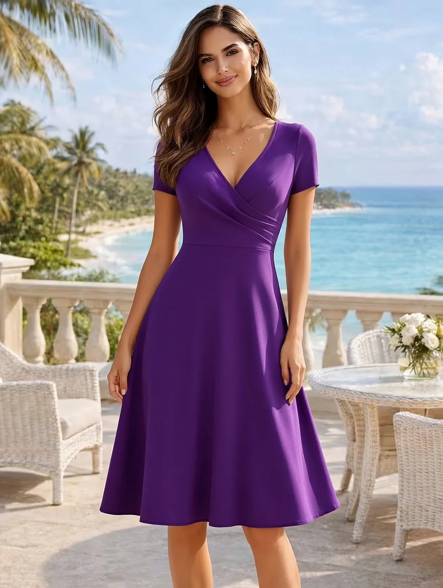 Women's Elegant Round Neck Summer Short Sleeve Solid A-Line Knee-length Dress High Waist Swagger Party Wedding Casual Departure