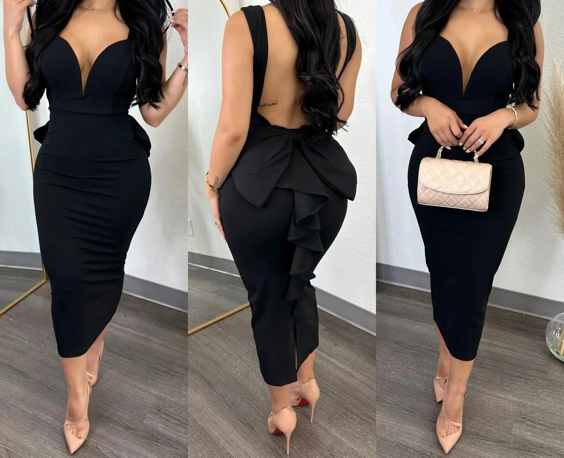 Elegant Women Streetwear, Solid Color Hip Wrap Open Back Deep V High Waist Split Bodycon for Spring and Summer