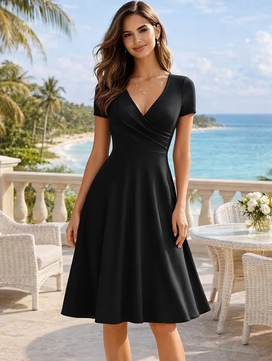Women's Elegant Round Neck Summer Short Sleeve Solid A-Line Knee-length Dress High Waist Swagger Party Wedding Casual Departure