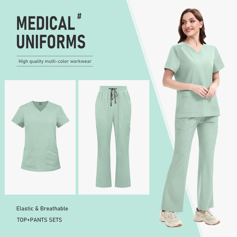 Nurse Clothes Scrubs Uniform Woman Quick Dry Top and Pants Hospital Working Scrubs Fashion Flared Pants Bottoms Uniform Set New