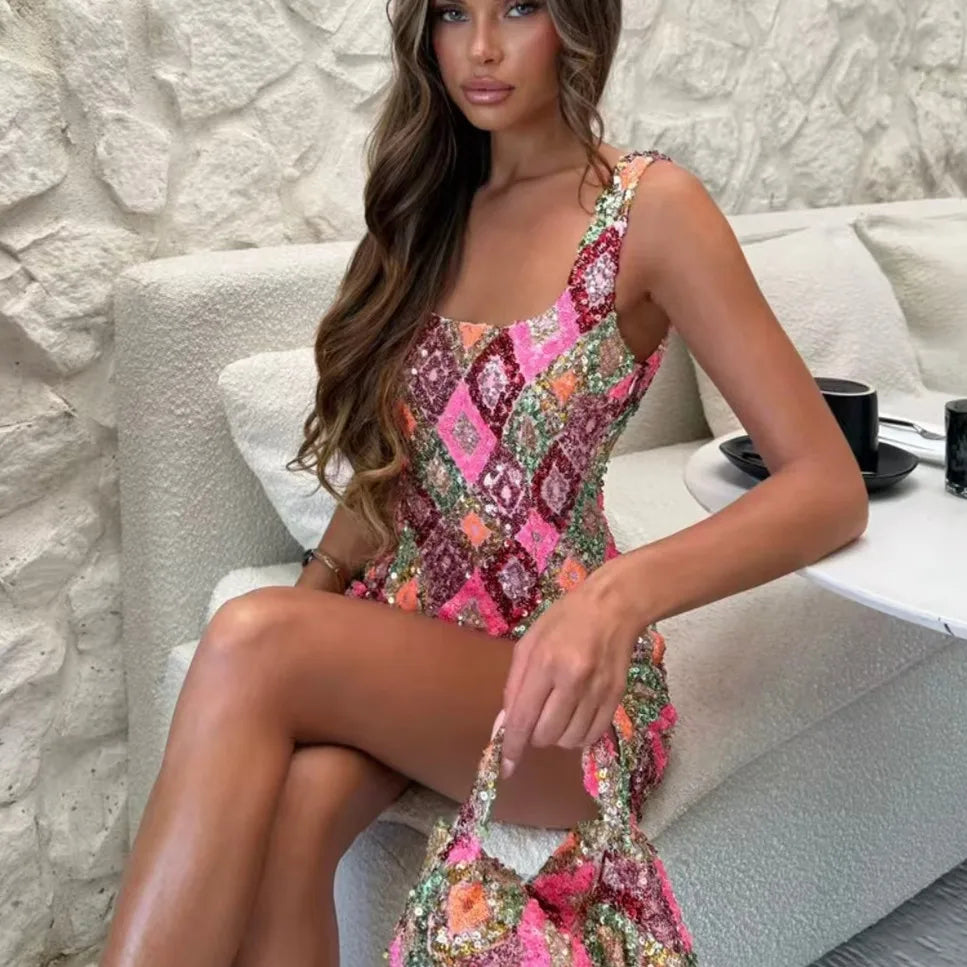 Colorful Diamond Pattern Sequin Slit Sexy Dress Women Elegant Party Club Dress Backless Mini Summer Dress Luxury Vestidos