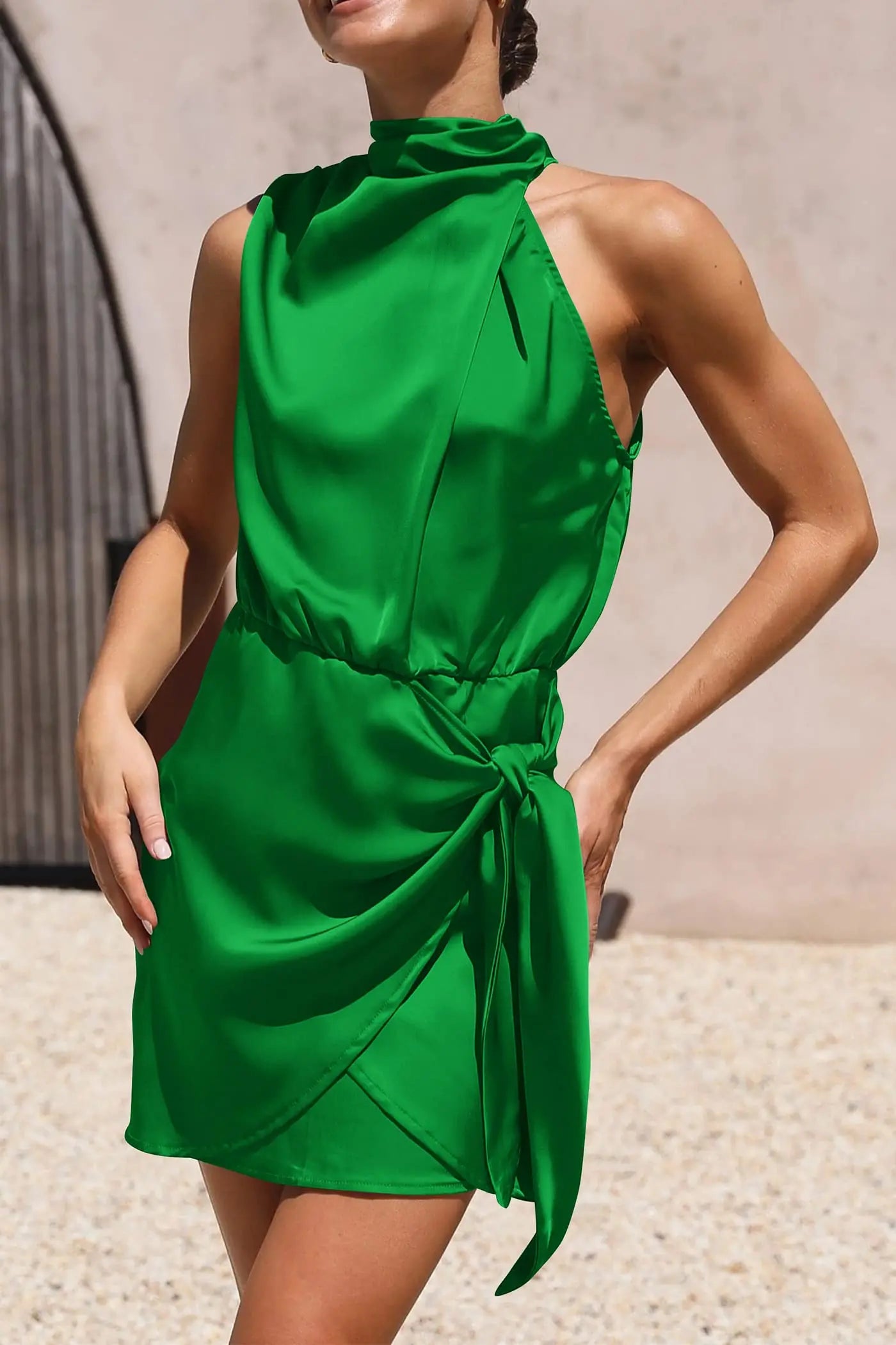 Satin Mock Neck Tie-Waist Mini Dress
