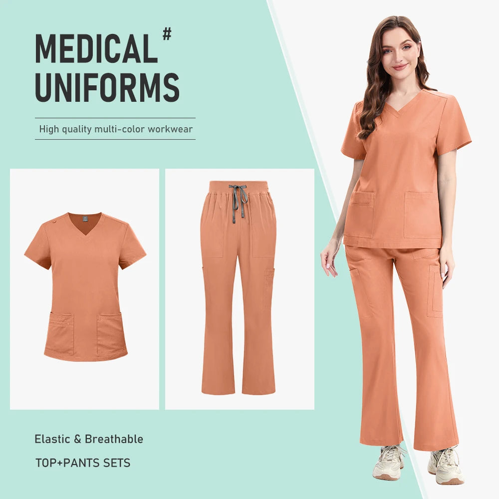Nurse Clothes Scrubs Uniform Woman Quick Dry Top and Pants Hospital Working Scrubs Fashion Flared Pants Bottoms Uniform Set New