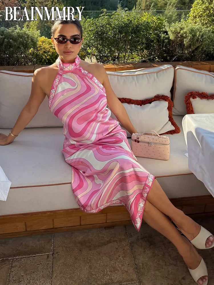 Sexy Hanging Neck Dress Summer Fashion Women Foreign Style Bare Shoulders Bare Irregular Hem Robe 2026 Lady Beach Print Chic