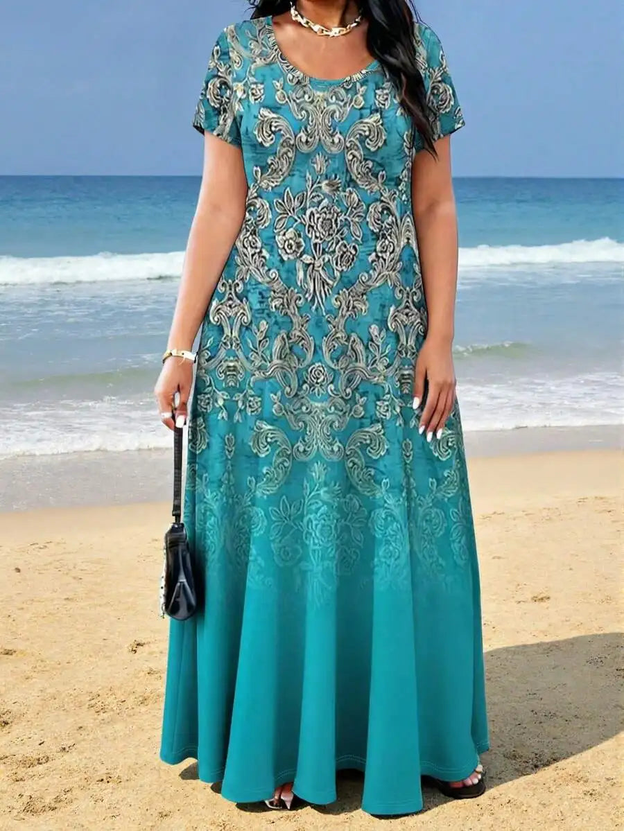 Plus Size Women Printed Pocket Casual Vacation Dress Summer Elegant