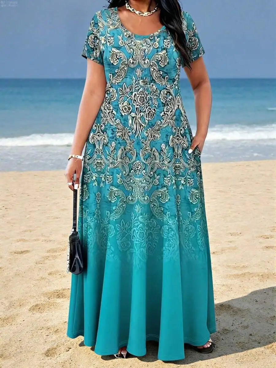Plus Size Women Printed Pocket Casual Vacation Dress Summer Elegant