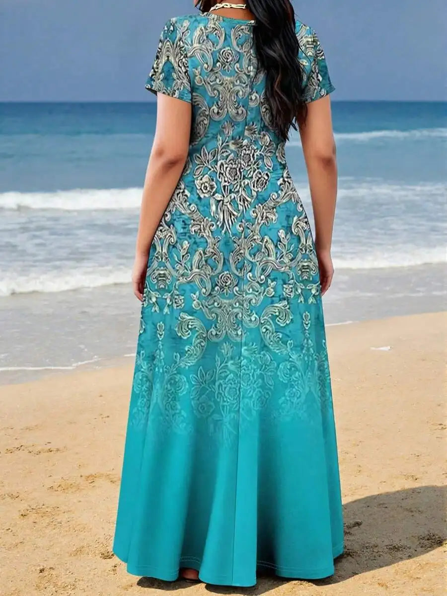 Plus Size Women Printed Pocket Casual Vacation Dress Summer Elegant