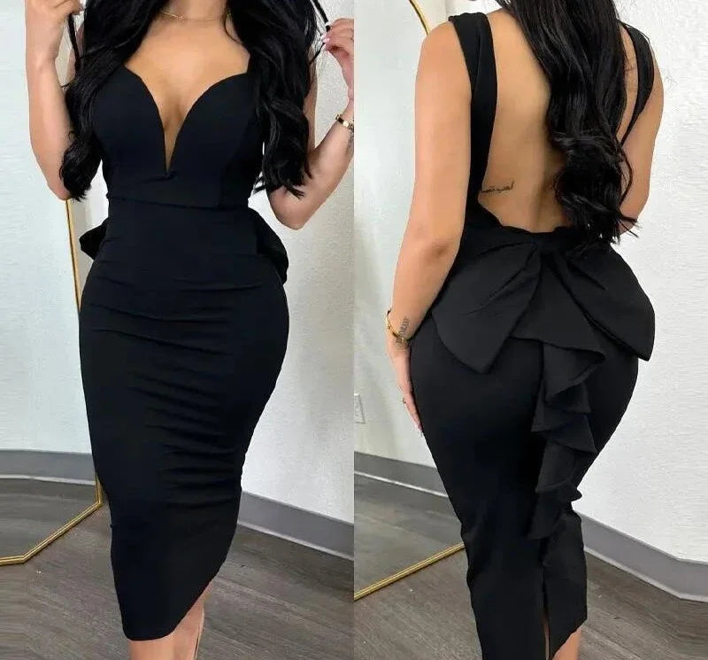Elegant Women Streetwear, Solid Color Hip Wrap Open Back Deep V High Waist Split Bodycon for Spring and Summer