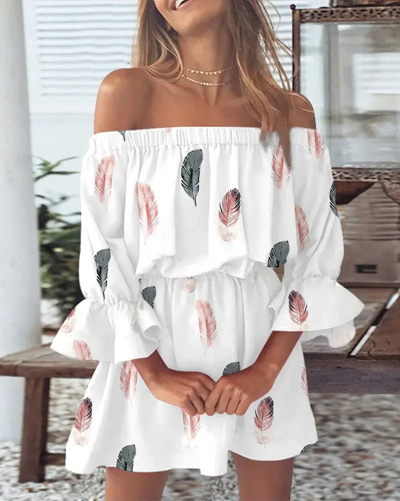 Women's Off Shoulder Ruffle Hem Mini Dress with Puff Sleeves and Floral/Feather/Tropical Print for Summer Beach or Party Wear