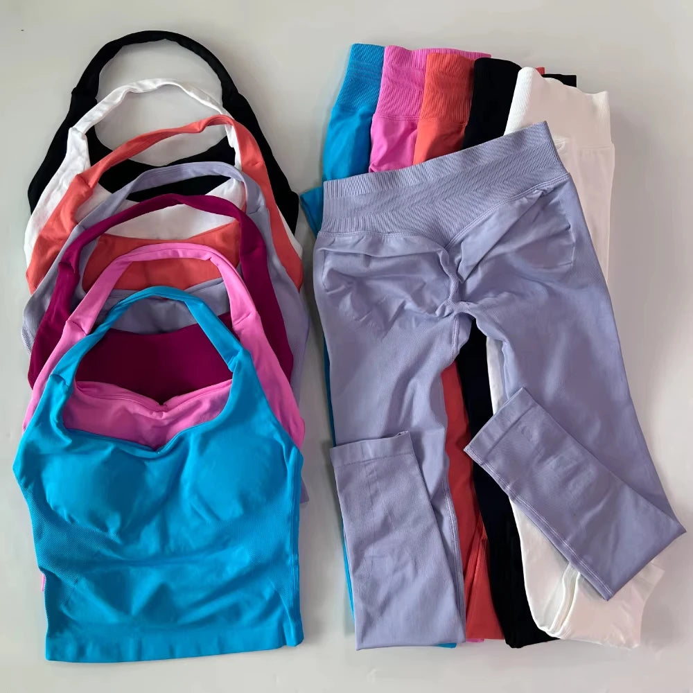 2pcs Women's Gym Set Backless Tank Top High Waist Scrunch Shorts Seamless Fitness Activewear Workout Suit