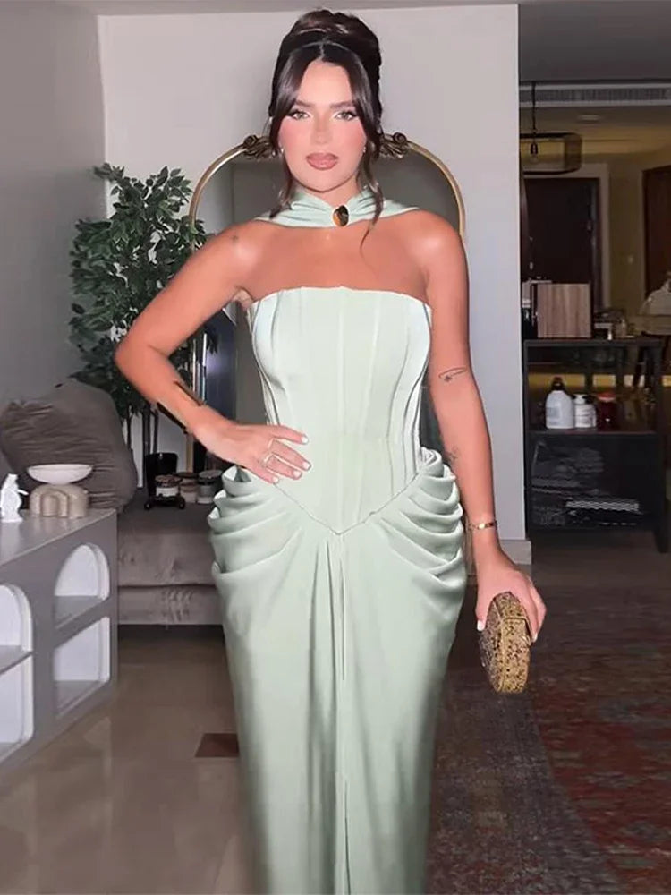 Elegant Long Dress Women Strapless Sleeveless Scarf High Waist Vestidos Female 2025 Spring Summer New Chic Lady Evening Dresses