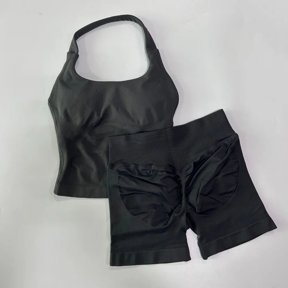2pcs Women's Gym Set Backless Tank Top High Waist Scrunch Shorts Seamless Fitness Activewear Workout Suit