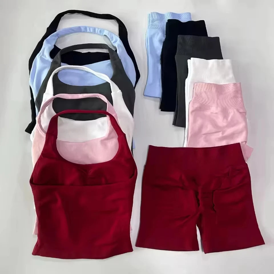 2pcs Women's Gym Set Backless Tank Top High Waist Scrunch Shorts Seamless Fitness Activewear Workout Suit