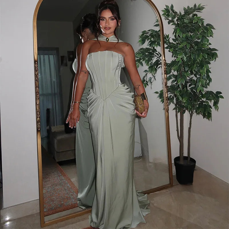 Elegant Long Dress Women Strapless Sleeveless Scarf High Waist Vestidos Female 2025 Spring Summer New Chic Lady Evening Dresses