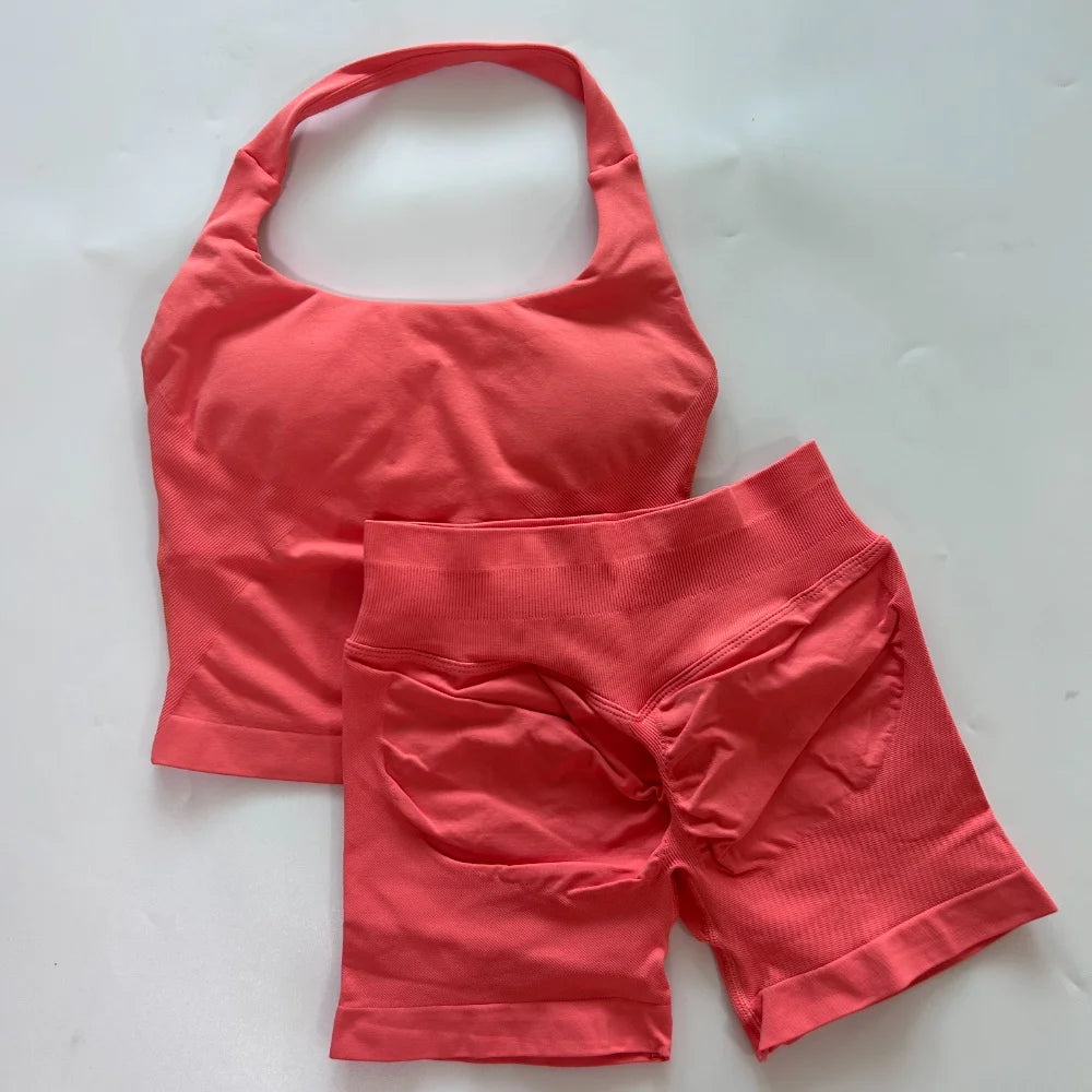 2pcs Women's Gym Set Backless Tank Top High Waist Scrunch Shorts Seamless Fitness Activewear Workout Suit