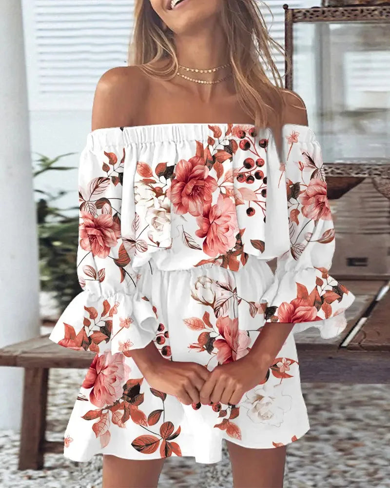 Women's Off Shoulder Ruffle Hem Mini Dress with Puff Sleeves and Floral/Feather/Tropical Print for Summer Beach or Party Wear
