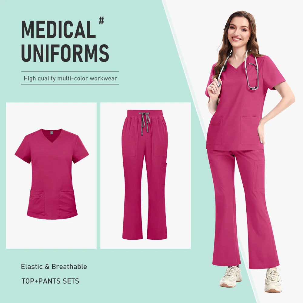 Nurse Clothes Scrubs Uniform Woman Quick Dry Top and Pants Hospital Working Scrubs Fashion Flared Pants Bottoms Uniform Set New