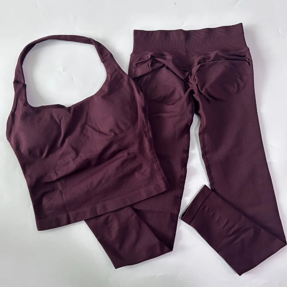 2pcs Women's Gym Set Backless Tank Top High Waist Scrunch Shorts Seamless Fitness Activewear Workout Suit