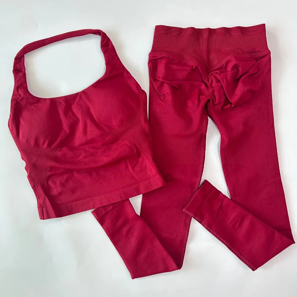 2pcs Women's Gym Set Backless Tank Top High Waist Scrunch Shorts Seamless Fitness Activewear Workout Suit