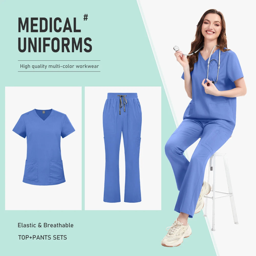 Nurse Clothes Scrubs Uniform Woman Quick Dry Top and Pants Hospital Working Scrubs Fashion Flared Pants Bottoms Uniform Set New