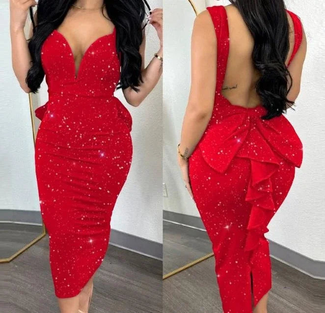 Elegant Women Streetwear, Solid Color Hip Wrap Open Back Deep V High Waist Split Bodycon for Spring and Summer