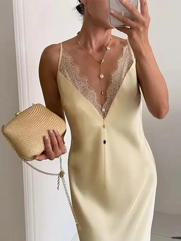 Elegant Lace Patchwork Women's Dress V-neck Slip Top Sleeveless Lady Long Dresses 2026 Spring Summer Female Party Vacation Robe