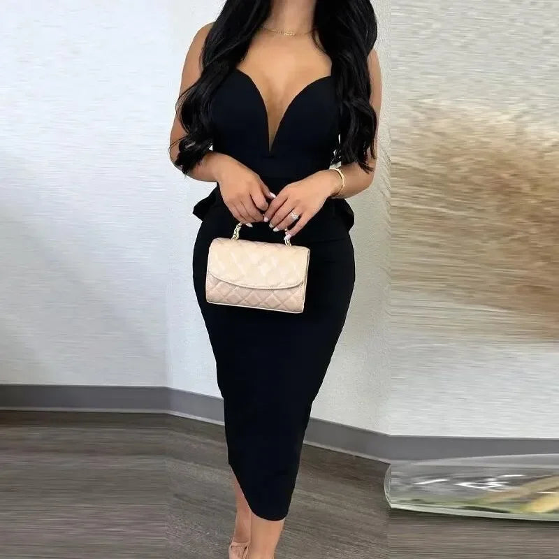 Elegant Women Streetwear, Solid Color Hip Wrap Open Back Deep V High Waist Split Bodycon for Spring and Summer