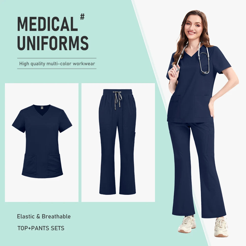 Nurse Clothes Scrubs Uniform Woman Quick Dry Top and Pants Hospital Working Scrubs Fashion Flared Pants Bottoms Uniform Set New