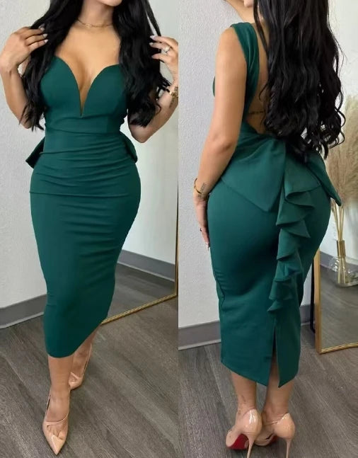 Elegant Women Streetwear, Solid Color Hip Wrap Open Back Deep V High Waist Split Bodycon for Spring and Summer