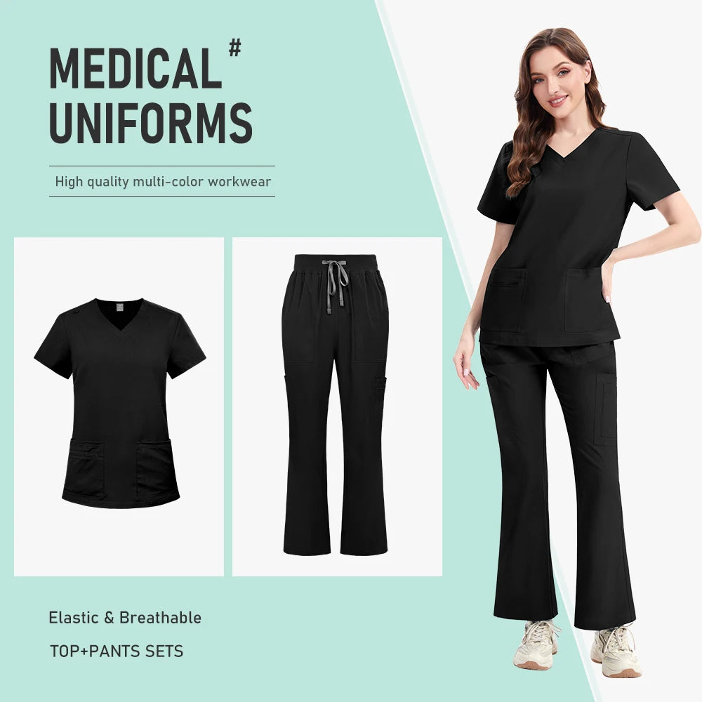 Nurse Clothes Scrubs Uniform Woman Quick Dry Top and Pants Hospital Working Scrubs Fashion Flared Pants Bottoms Uniform Set New