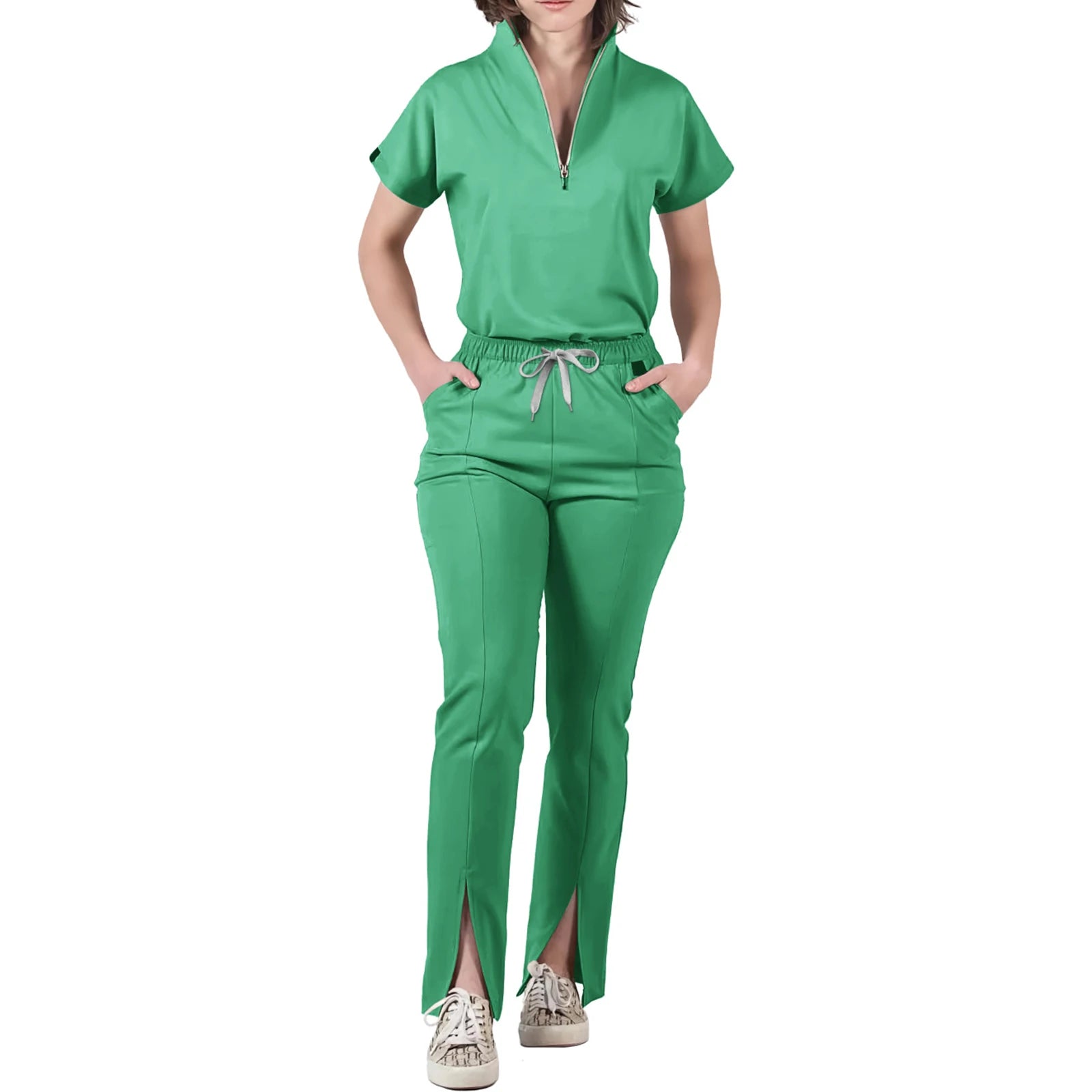 Women's Nurse Scrub Set V-Neck Half Zipper Short Sleeve Multi-Color Split Hem Pants Multi-Pocket Cozy Professional Workwear