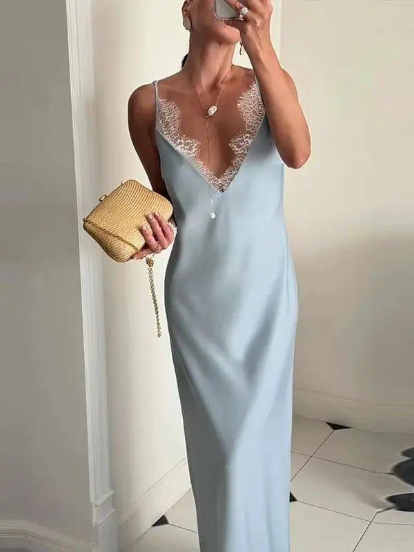 Elegant Lace Patchwork Women's Dress V-neck Slip Top Sleeveless Lady Long Dresses 2026 Spring Summer Female Party Vacation Robe