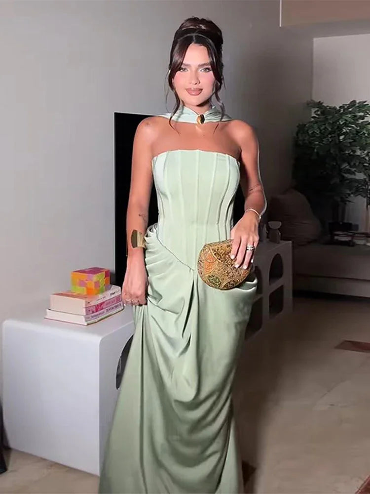 Elegant Long Dress Women Strapless Sleeveless Scarf High Waist Vestidos Female 2025 Spring Summer New Chic Lady Evening Dresses