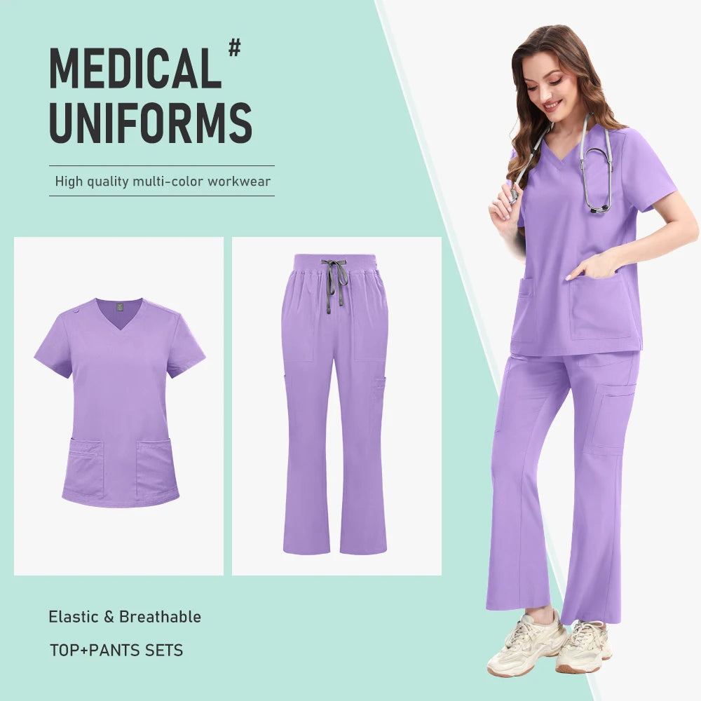 Nurse Clothes Scrubs Uniform Woman Quick Dry Top and Pants Hospital Working Scrubs Fashion Flared Pants Bottoms Uniform Set New
