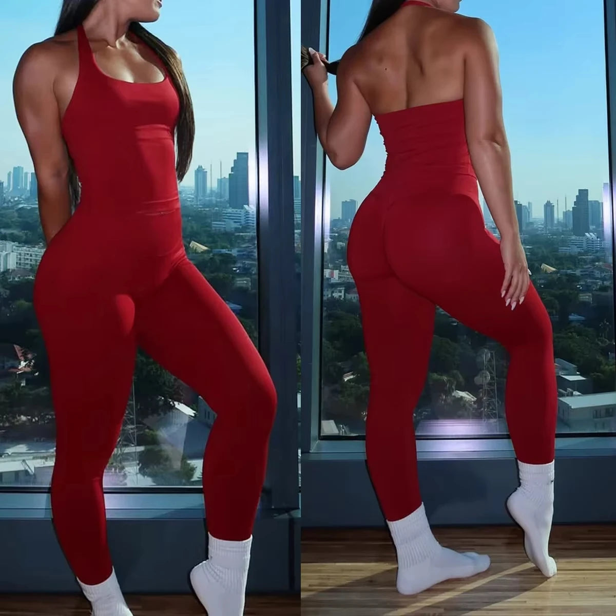 2pcs Women's Gym Set Backless Tank Top High Waist Scrunch Shorts Seamless Fitness Activewear Workout Suit