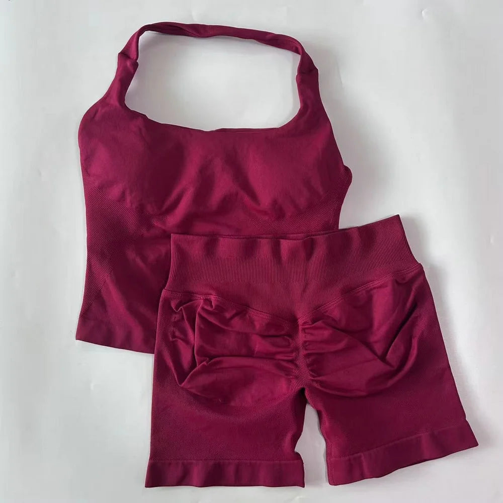 2pcs Women's Gym Set Backless Tank Top High Waist Scrunch Shorts Seamless Fitness Activewear Workout Suit