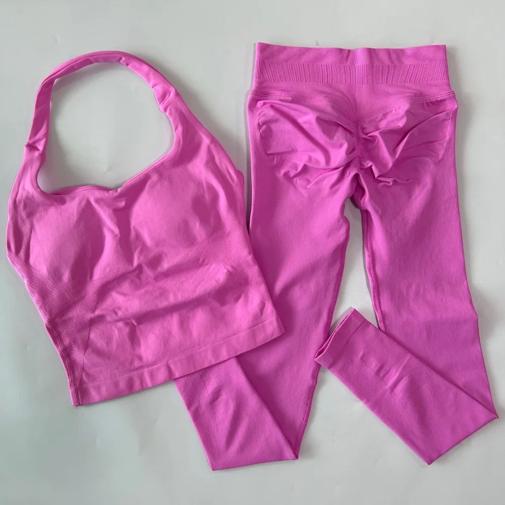 2pcs Women's Gym Set Backless Tank Top High Waist Scrunch Shorts Seamless Fitness Activewear Workout Suit
