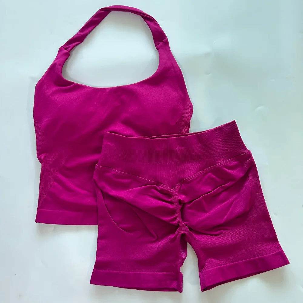 2pcs Women's Gym Set Backless Tank Top High Waist Scrunch Shorts Seamless Fitness Activewear Workout Suit
