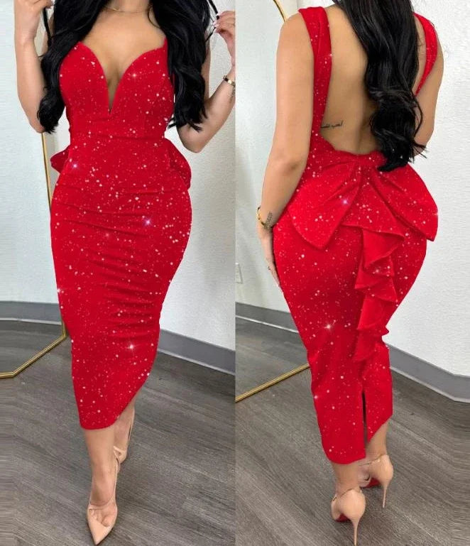 Elegant Women Streetwear, Solid Color Hip Wrap Open Back Deep V High Waist Split Bodycon for Spring and Summer