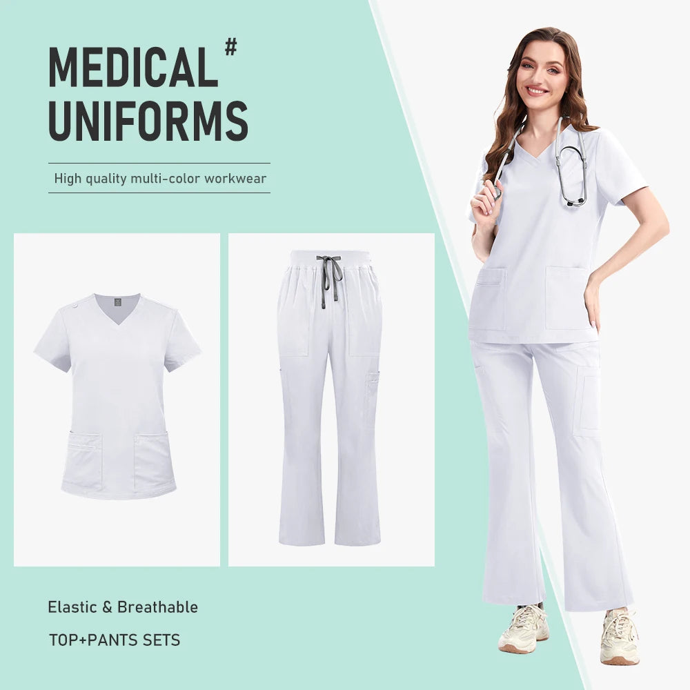 Nurse Clothes Scrubs Uniform Woman Quick Dry Top and Pants Hospital Working Scrubs Fashion Flared Pants Bottoms Uniform Set New