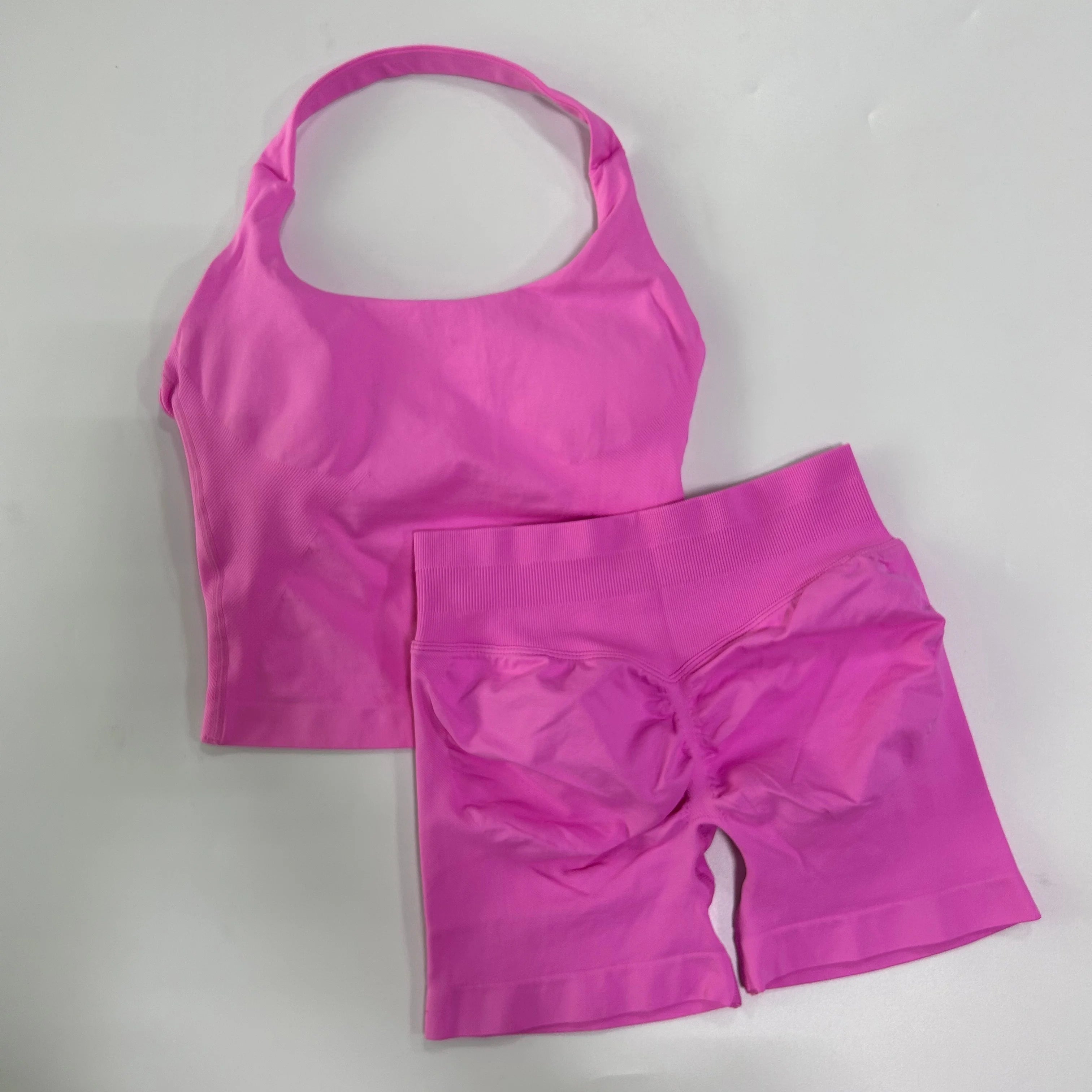 2pcs Women's Gym Set Backless Tank Top High Waist Scrunch Shorts Seamless Fitness Activewear Workout Suit