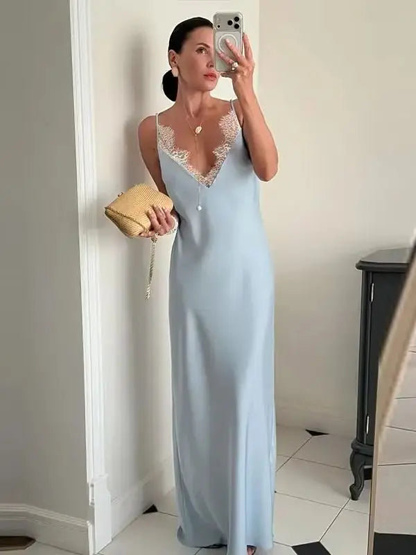 Elegant Lace Patchwork Women's Dress V-neck Slip Top Sleeveless Lady Long Dresses 2026 Spring Summer Female Party Vacation Robe
