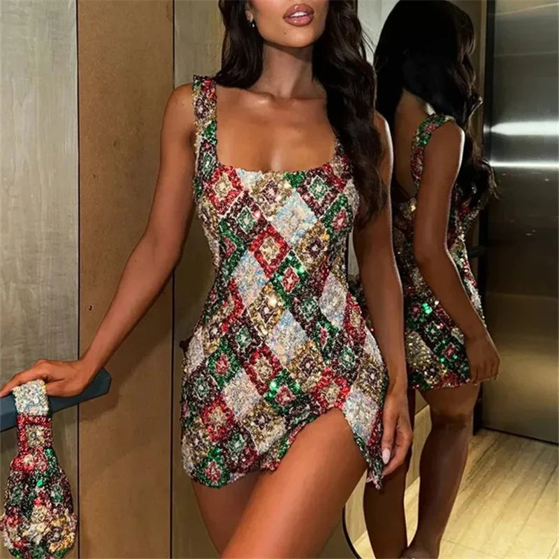 Colorful Diamond Pattern Sequin Slit Sexy Dress Women Elegant Party Club Dress Backless Mini Summer Dress Luxury Vestidos