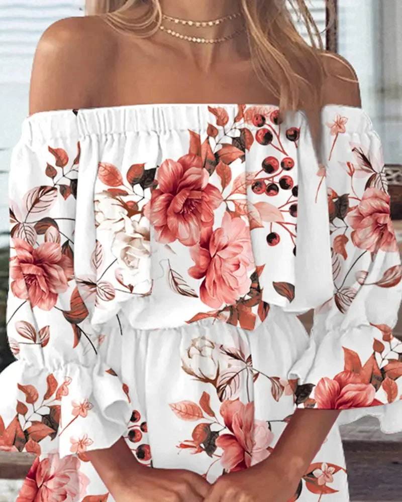Women's Off Shoulder Ruffle Hem Mini Dress with Puff Sleeves and Floral/Feather/Tropical Print for Summer Beach or Party Wear