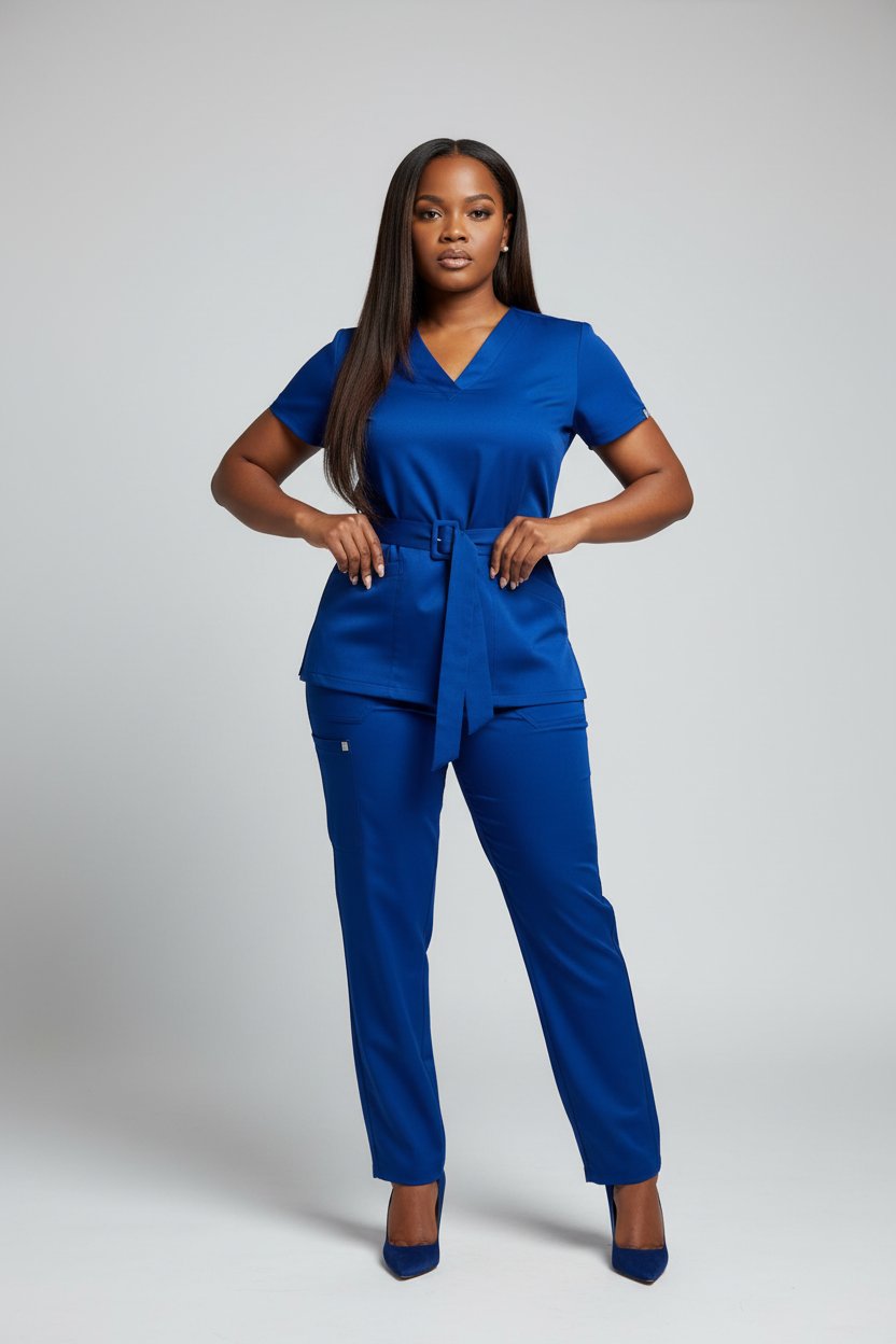Naomi in matching premium scrub set with self-fabric belt and heels
